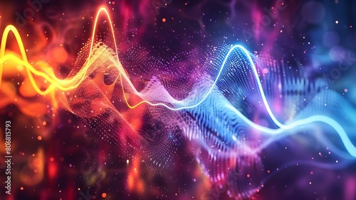 Dynamic 3D sound wave visual background with neon lines and high frequencies. Concept Sound Wave Visualization, Neon Lines, High Frequency, 3D Design, Dynamic Background photo