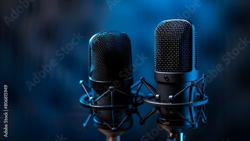 Two professional microphones for highquality podcast or interview recordings in a studio. Concept Professional Podcasting, High-quality Recording, Studio Setup, Microphone Selection