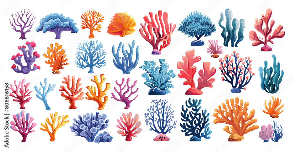 Cartoon Corals. Icons Set in Simple Flat Style, Depicting Corals of Different Shapes and Colors on White Background for Underwater, Nature, and Ocean Themes Cartoon Corals. Icons Set in Simple Flat Style, Depicting Corals of Different Shapes and Colors on White Background for Underwater, Nature, and Ocean Themes