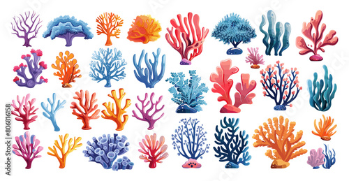 Cartoon Corals. Icons Set in Simple Flat Style, Depicting Corals of Different Shapes and Colors on White Background for Underwater, Nature, and Ocean Themes