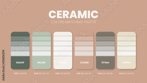 Color palette guide in Ceramic colour theme collections. Color inspiration or chart with codes template. Color combination RGB. Colors swatches for graphic design, art, fashion or painting. Vector.