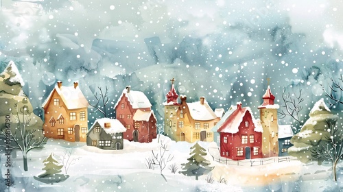 watercolor cartoon of small town with snow falling in winter season
