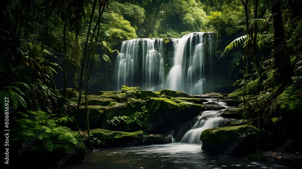 Beautiful waterfall in the tropical forest. Panoramic view of a waterfall.