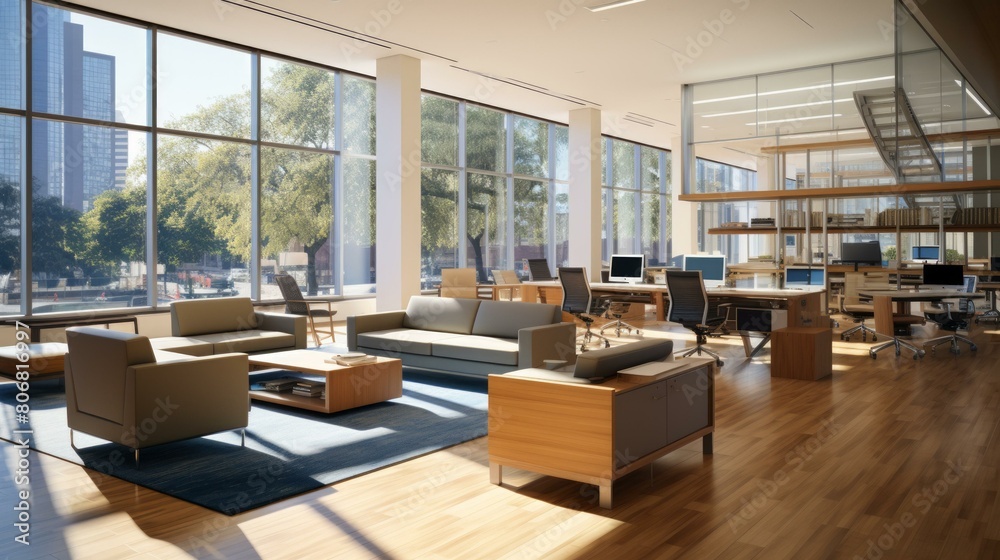A modern office space with a large windows A modern office space with a large windows