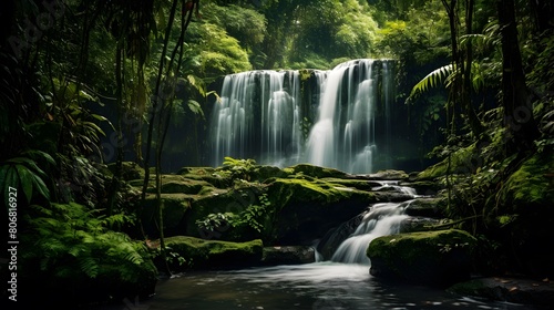 Beautiful waterfall in the tropical forest. Panoramic view of a waterfall.