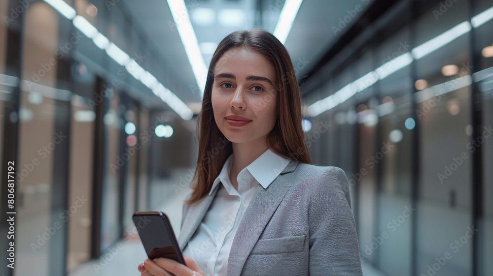 Happy business woman with grey hair holding a mobile phone while standing in an office Happy business woman with grey hair holding a mobile phone while standing in an office