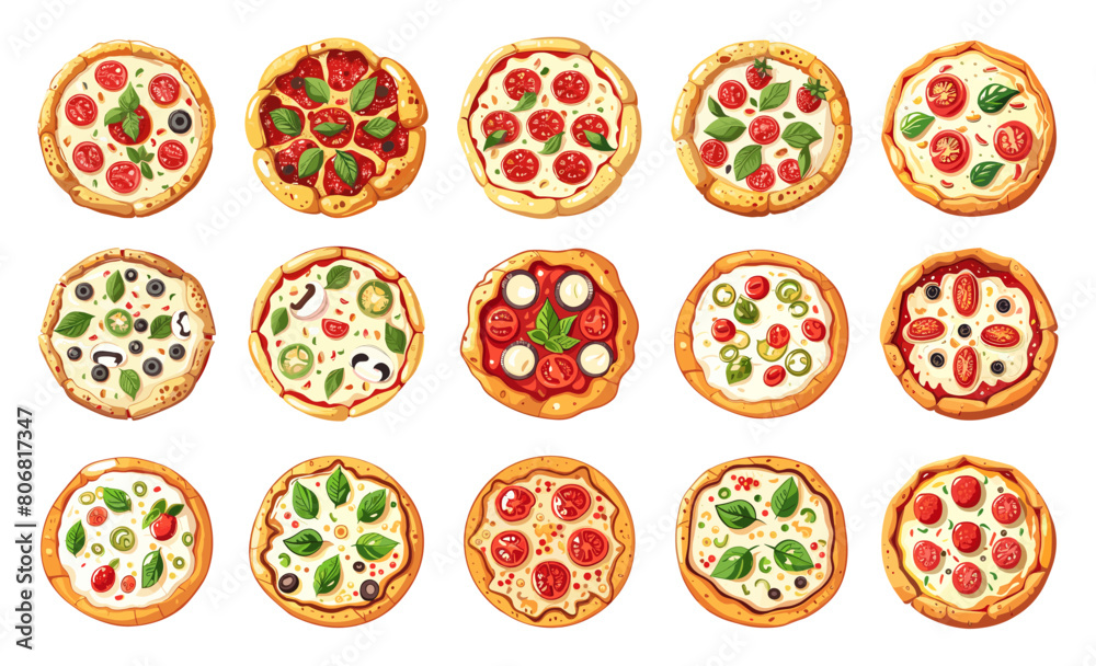 Cartoon Italian Pizzas. Icon Set in Simple Flat Style for Food, Cuisine, Restaurant, Italian Cuisine, Gourmet, Cooking, Traditional, Tasty, Savory, and Flavorful Concepts Cartoon Italian Pizzas. Icon Set in Simple Flat Style for Food, Cuisine, Restaurant, Italian Cuisine, Gourmet, Cooking, Traditional, Tasty, Savory, and Flavorful Concepts