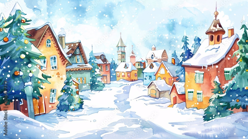 watercolor cartoon of small town with snow falling in winter season