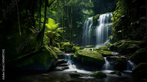 Beautiful waterfall in deep forest. Panoramic view. Long exposure.