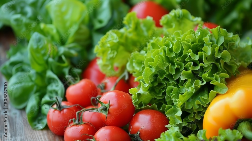 Fresh vegetables arranged on a table: tomato, lettuce, cucumber, cherry tomatoes, pepper Healthy salad ingredients Fresh vegetables arranged on a table: tomato, lettuce, cucumber, cherry tomatoes, pepper Healthy salad ingredients