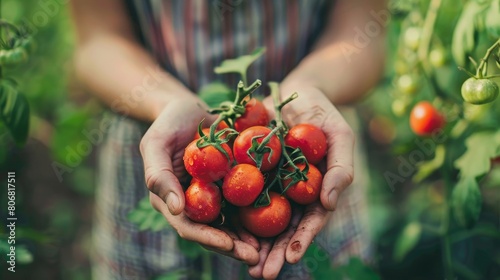 Hands holding a handful of fresh tomato