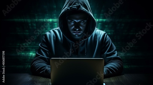 A hacker in a dark room wearing a black hoodie and looking at the camera with a serious expression while typing on a laptop.