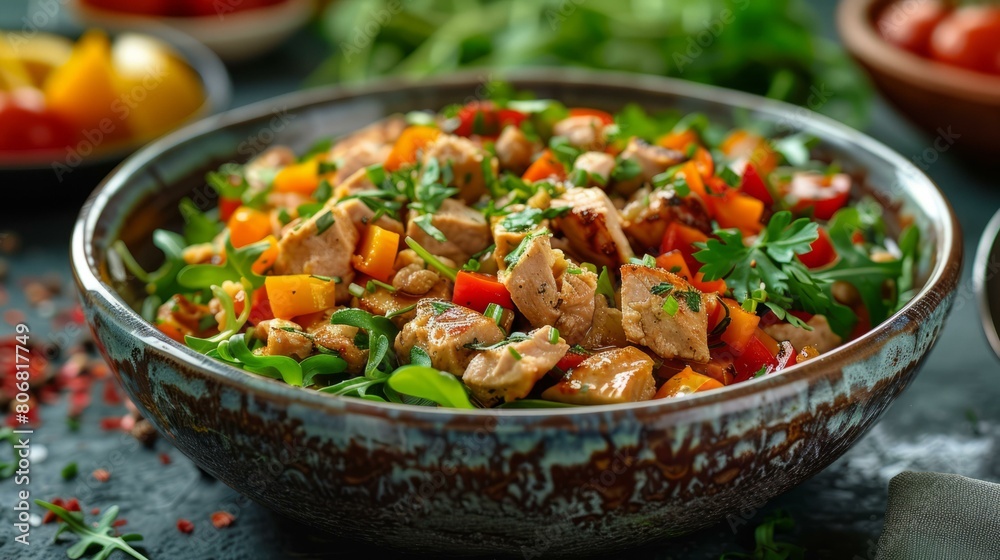 Delicious and healthy salad with chicken, vegetables and herbs Delicious and healthy salad with chicken, vegetables and herbs