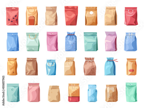Cartoon Paper Food Bags. Icons Set in Simple Flat Style, Depicting Paper Food Bags of Different Colors and Forms on White Background for Packaging, Delivery, and Takeaway Themes