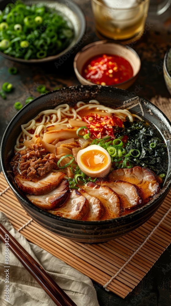 A delicious bowl of ramen with pork, egg, and vegetables