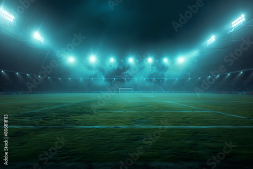 mdern big soccer stadium glows with spotlights in the dark, nighttime sports event, illuminated field, electrifying atmosphere, no people , no players, green grass in a football pitch, Fog effect © YOUCEF