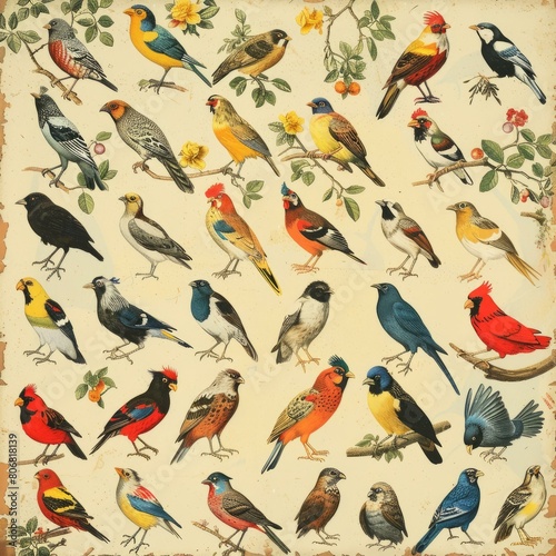 Vintage Ornithology Illustration of Colorful Birds © Adobe Contributor