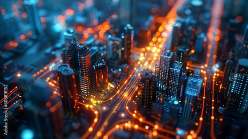 Futuristic Cityscape with Illuminated Circuitry Design,3D rendered futuristic cityscape with illuminated circuit-like roads and glowing skyscrapers, symbolizing advanced urban technology.