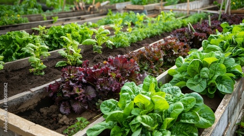 Lush Vegetable Garden with Rows of Lettuce Under Spring Sunlight
