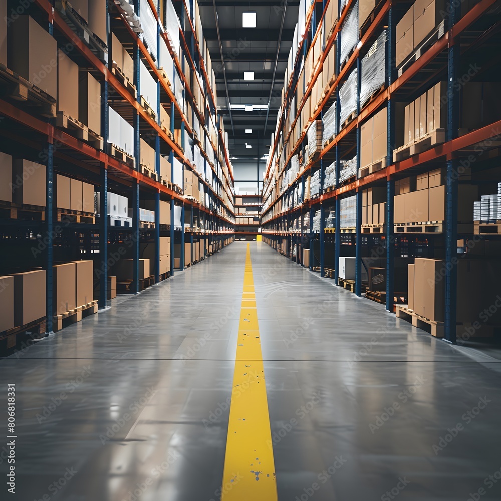 
industrial warehouse with high shelves and boxes with yellow safety stripes on the floor
