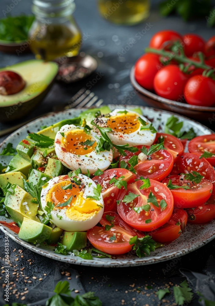 Healthy food. Avocado, boiled egg and tomatoes salad Healthy food. Avocado, boiled egg and tomatoes salad