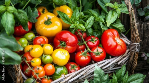 There is a wicker basket filled with ripe tomatoes and green basil.