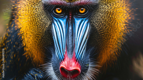 Close-up portrait of a colorful mandrill in nature