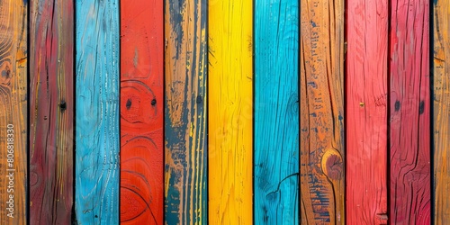 Multicolor painted wooden fence planks photo