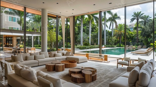 Modern living room interior with large windows and swimming pool view