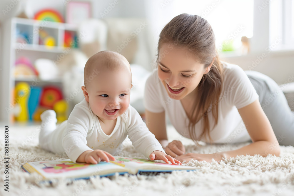 Smiling Baby and Happy Mother Sharing a Special Book Reading Moment on Soft Carpet. Smiling Baby and Happy Mother Sharing a Special Book Reading Moment on Soft Carpet.