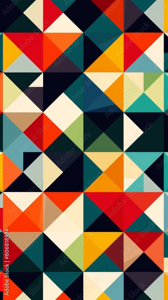 A seamless pattern. a colorful geometric pattern with squares and triangles, in the style of bold, large-scale canvases, isometric, illusion of three-dimensionality, juxtaposed hues, colorfield painti A seamless pattern. a colorful geometric pattern with squares and triangles, in the style of bold, large-scale canvases, isometric, illusion of three-dimensionality, juxtaposed hues, colorfield painti