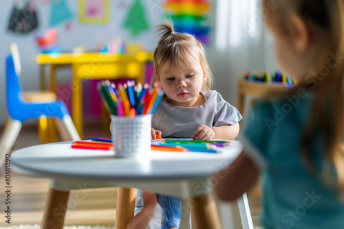 Young Child Engaged in Creative Drawing with Bright Colored Pencils Indoors