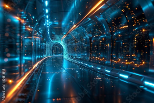 A futuristic data center with glowing energy waves emanating from the computers, symbolizing advanced technology and connectivity. Blue hues dominate for contrast against the black background. In the