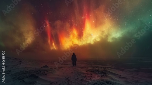 Aurora borealis landscape with a solitary figure standing in the foreground