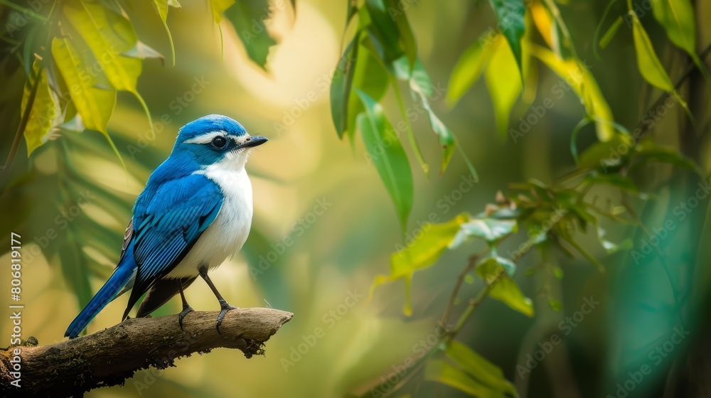Obraz premium A blue-and-white bird perches on a green tree branch