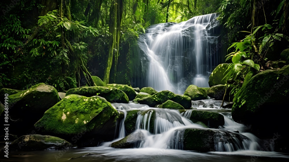 Beautiful waterfall in deep rain forest. Panoramic image.