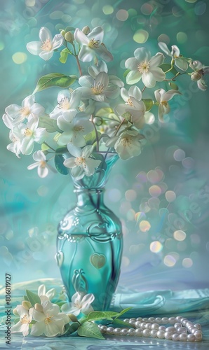   A blue vase holds white flowers, placed on a table Nearby, pearls and a beaded necklace rest