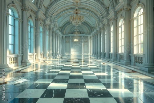 ornate ballroom with shiny marble floor and crystal chandelier photo