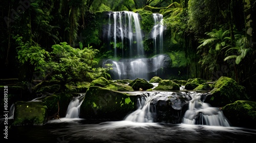Panoramic view of a waterfall in a green forest. Long exposure.