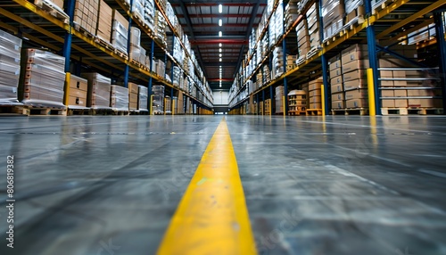 
industrial warehouse with high shelves and boxes with yellow safety stripes on the floor
 photo