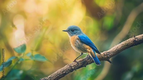  A small blue bird on a clear branch against a softly blurred backdrop of leaves and another branch