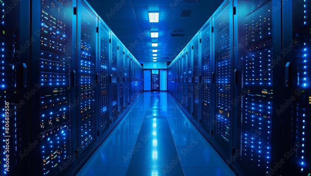 Fototapeta premium servers in datacenter blue light high contrast