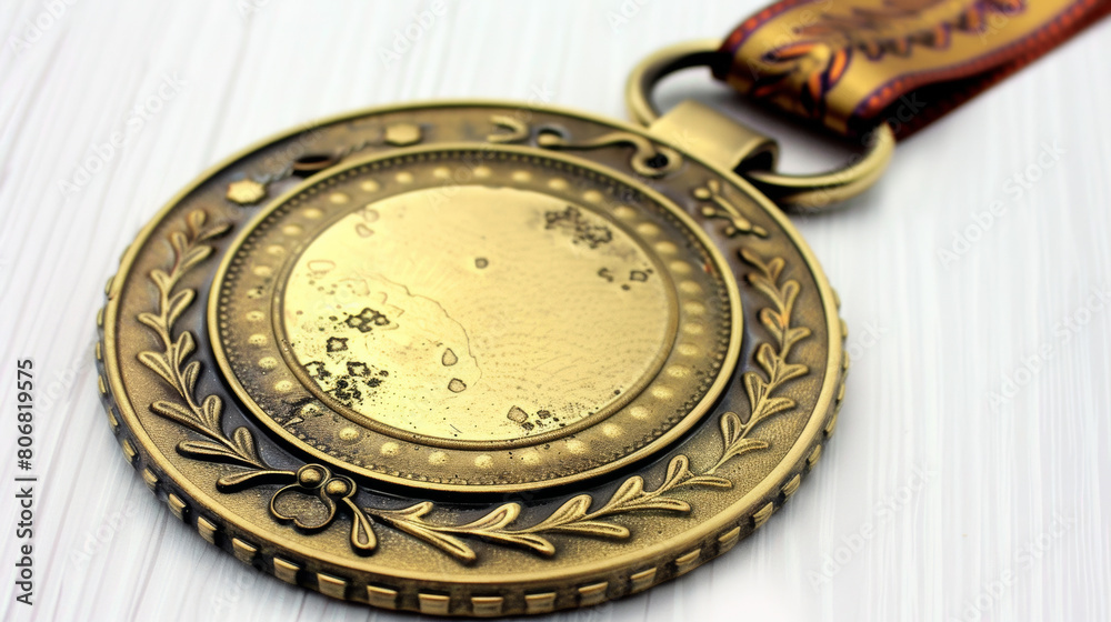 Elegant gold medal with a ribbon, close-up, high detail, on a simple white background symbolizing achievement and top performance Elegant gold medal with a ribbon, close-up, high detail, on a simple white background symbolizing achievement and top performance