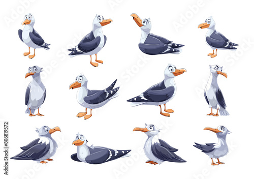 Cartoon Seagull. Dynamic Poses Isolated Vector Set of Seagulls in Various Positions on White Background, Rendered in Simple Flat Style