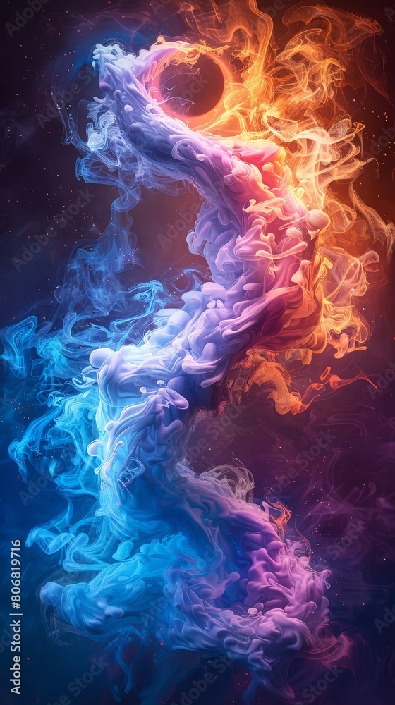 Fototapeta premium two swirling yin yang symbols, one blue and the other purple with smoke, dark background, hyper realistic, vibrant colors, in the style of fantasy.
