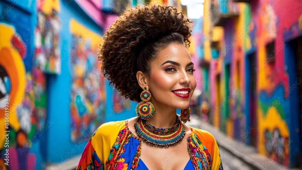 A woman with puffy curly hairs walking in street, street photography, street casual wear, professional portrait, city, maximalist outfit, graffiti