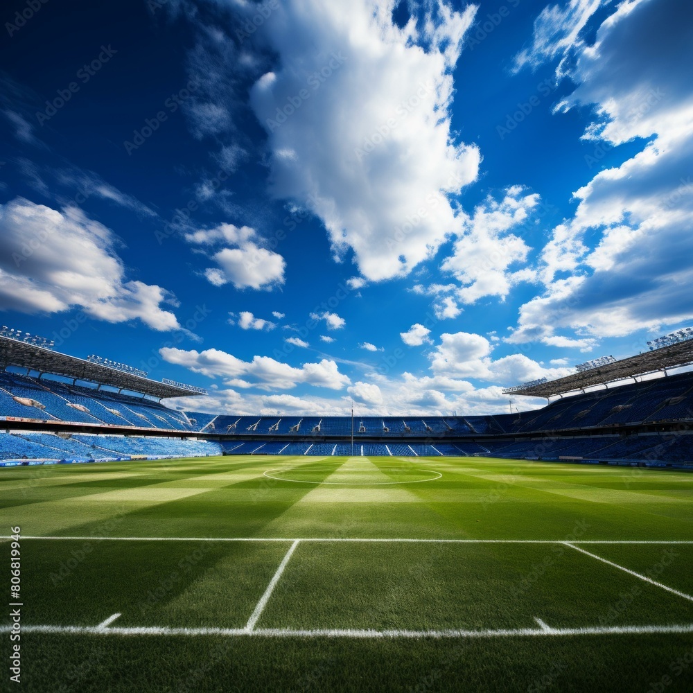 Fototapeta premium An empty soccer stadium with green field and blue sky