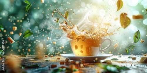  A cup of tea with a saucer and a splash next to it on a table In front of a book of leaves