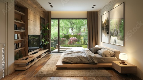 Modern bedroom interior design with wooden wall and large windows overlooking garden