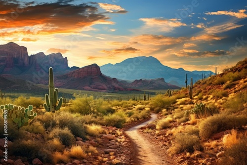 Desert landscape with cacti and mountains in the background photo